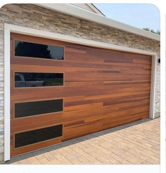 Contemporary wood-look door with glazed panels